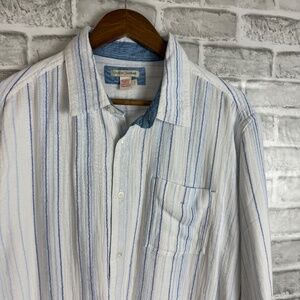Carbon 2 Cobalt Primary White Embroidered Blue Striped Button Up Shirt Men LARGE